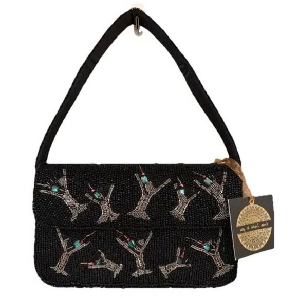 Black Beaded Shoulder Bag with Embellished Bird Motif - Picture 2 of 2